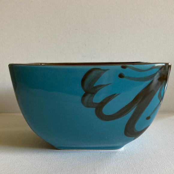 PIER ONE Cereal Bowl Blue Hibiscus Brown Interior Square 5.5" Discontinued - Picture 4 of 9